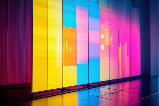 Colorful neon panels in data center with glowing light reflections.