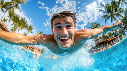 Excited young man joyfully leaping in a swimming pool.