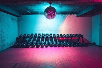 Wide-angle flash capture of 1980s workout space with dramatic disco ball shadows, worn vinyl flooring texture, and dumbbell racks in hot pink and electric blue tones