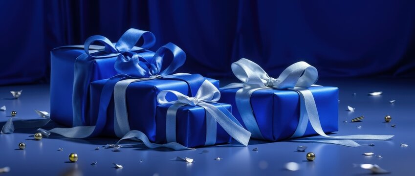 Luxurious blue gift boxes with silver ribbons and small ornaments on elegant dark background