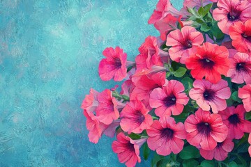 Vibrant pink petunias cluster against a teal backdrop.
