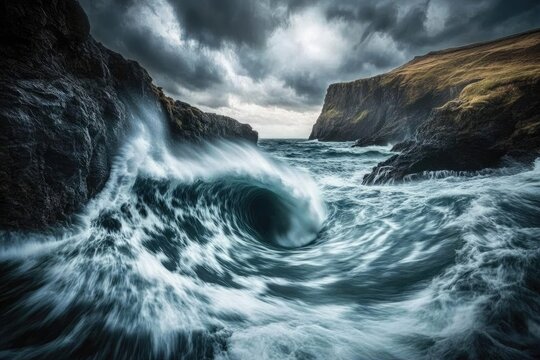 Powerful ocean waves crashing against jagged cliffs