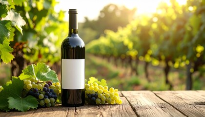 Fototapeta premium Red wine bottle with grapes on table for celebration