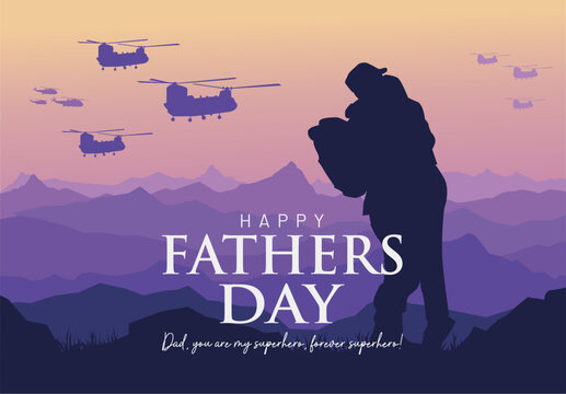 A touching Father's Day 2025 design tribute showing a military dad hugging his child with helicopters in the background—honoring hero dads in uniform. Happy father's day for military family