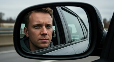 Man reflecting in car side mirror on overcast day during commute
