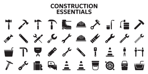 Construction and Tool Icons Set, Including Hammers, Hard Hats, Wrenches, and More