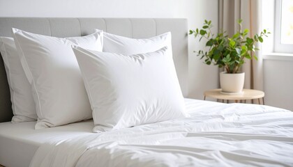Pillows on a Bed: Fluffy, pristine pillows rest on a perfectly made bed, offering a tranquil scene of comfort and serenity within a sunlit room.