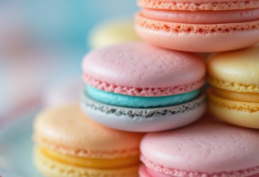 Primer plano de macarrones arco&iacute;ris apilados en un plato. Colores pastel, textura delicada, un dulce postre franc&eacute;s
