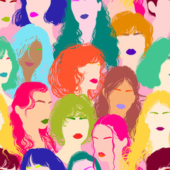 Colorful repetitive flat design seamless pattern with multicolor portraits of various ethnicity women with different hairstyles and vibrant eyebrows. Vector fashion style illustration.