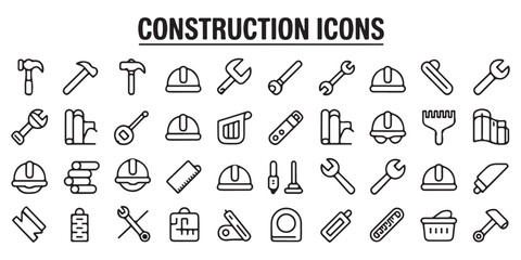 Naklejka premium Construction and Tool Icons Set, Including Hammers, Hard Hats, Wrenches, and More