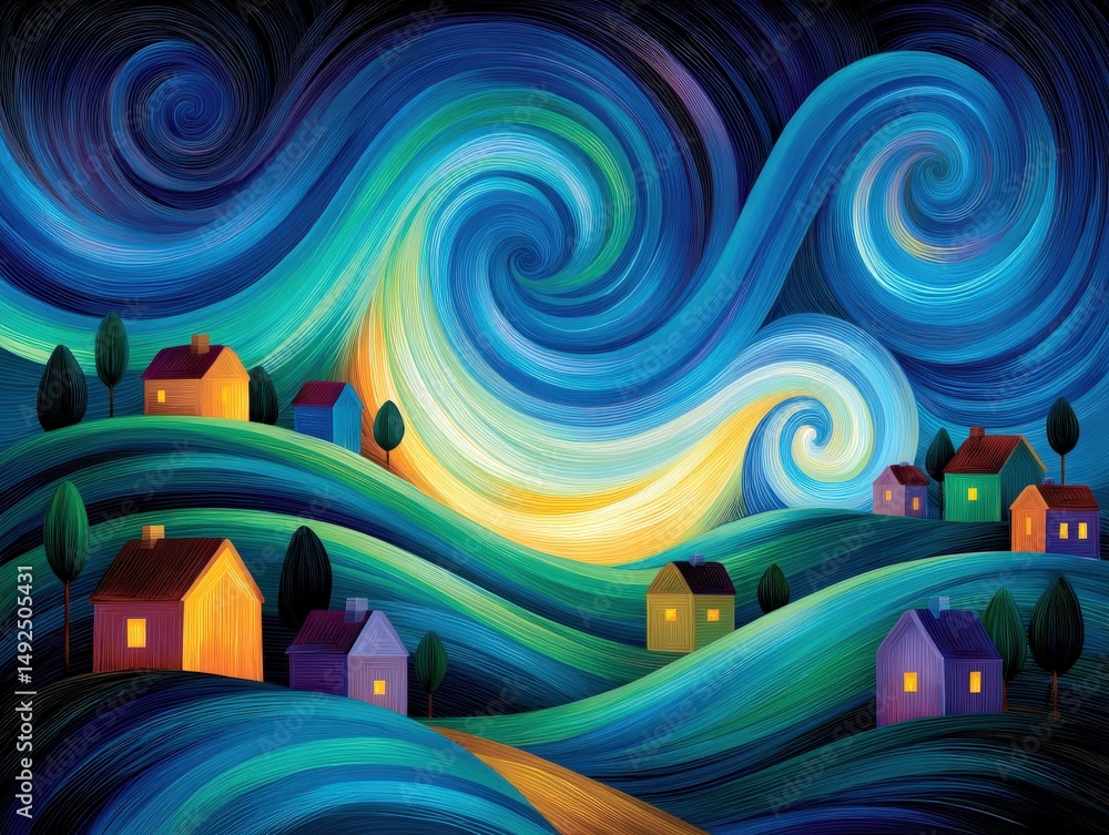 Poster an enchanting night scene showcasing colorful houses nestled among rolling hills illuminated by warm