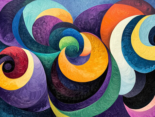 Colorful abstract painting with swirls and circles. The painting is full of vibrant colors and has a sense of movement and energy. The artist has used a variety of shades