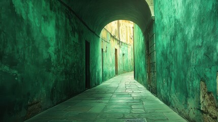Obraz premium Mysterious Green Alleyway with Sunlight and Aged Stone Path