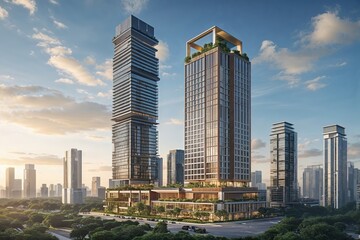 Fototapeta premium Impressive Skyscraper and Small Building Highlighting Urban Resilience and Competitive Advantage
