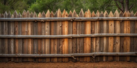 Rustic wooden fence with pointed top in a rural garden setting
