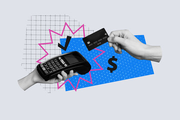 Creative 3D photo collage trend artwork template of two hand hold pos cashless payment credit card economy dollars trade savings money