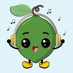 Cute And Funny Lime Cartoon Listening Music Happily Clipart Illustration