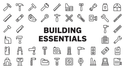 Set of Simple Line Icons Representing Various Tools, Including Wrenches, Hammer, Hard Hat, and More. Perfect for Construction, Repair, and DIY Projects in Graphic Design.