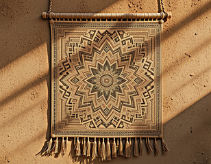 Beige Tapestry with Intricate Geometric Mandala Design