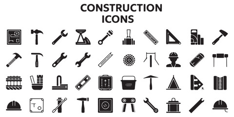 Set of Simple Line Icons Representing Various Tools, Including Wrenches, Hammer, Hard Hat, and More. Perfect for Construction, Repair, and DIY Projects in Graphic Design.