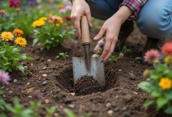 Fototapeta premium Manos femeninas cavando un pequeño hoyo con una pala. Flores coloridas listas para plantar, escena de jardín rústico, pasatiempo al aire libre