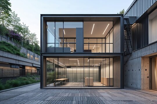 Modern Industrial Minimalist Two Story Small Office Building with Glass Facade and Creative Exterior Design