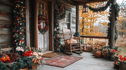 Rustic Christmas Porch Decor; Autumn leaves; wooden home; holiday cheer; cozy atmosphere; perfect for holiday cards; use as social media or website graphics