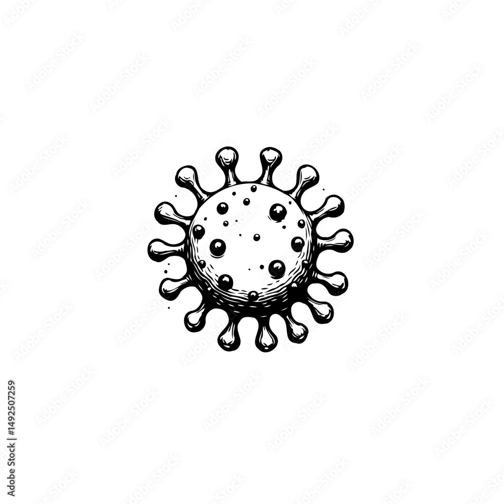 Aufkleber intricate depiction of a viral particle rendered in monochromatic linework style