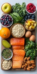 This colorful flat lay showcases fresh, nutrient-rich ingredients ideal for healthy eating. Featuring vibrant fruits, leafy greens, nuts, seeds, oats, and yogurt, the image highlights natural textures