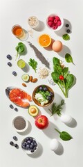 This colorful flat lay showcases fresh, nutrient-rich ingredients ideal for healthy eating. Featuring vibrant fruits, leafy greens, nuts, seeds, oats, and yogurt, the image highlights natural textures