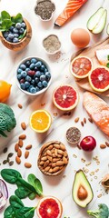 This colorful flat lay showcases fresh, nutrient-rich ingredients ideal for healthy eating. Featuring vibrant fruits, leafy greens, nuts, seeds, oats, and yogurt, the image highlights natural textures