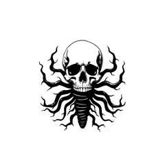Ornate skull intertwined with branching forms in minimalist black and white art