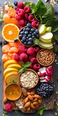 This colorful flat lay showcases fresh, nutrient-rich ingredients ideal for healthy eating. Featuring vibrant fruits, leafy greens, nuts, seeds, oats, and yogurt, the image highlights natural textures