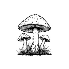 Enchanting forest floor featuring a trio of monochrome sketched mushrooms