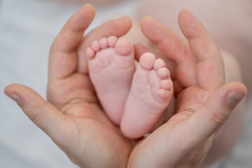 Tender Touch: A close-up, heartwarming view of a baby's tiny feet nestled safely in the gentle...