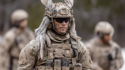 Fototapeta premium Military Person with Rabbit's Ears: A soldier with a unique rabbit-themed helmet stands out amid the backdrop of a training ground, a symbol of lightheartedness blended with military rigor