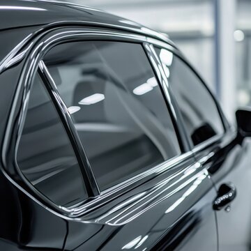Black car window detail close up in studio with chrome trim and tinted glass auto design