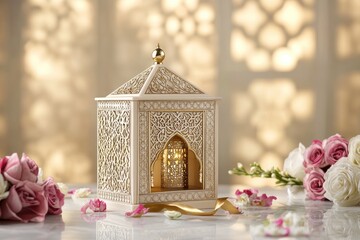 Ornate, cream-colored decorative box with intricate patterns.