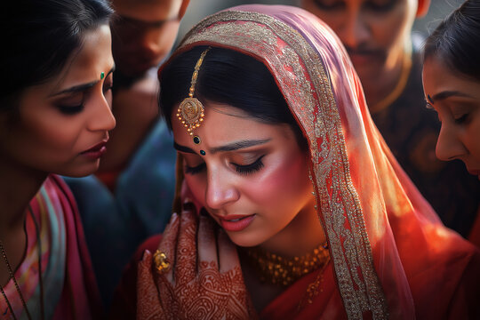 Emotional moment of bride bidding farewell to her family (Vidai ceremony), teary eyes and heartfelt emotions.