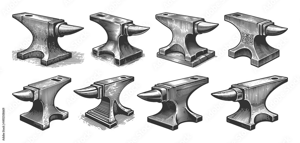 Poster various traditional blacksmith anvils set collection bundle sketch engraving generative ai raster il