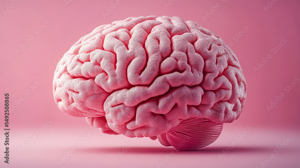 Poster pink brain with a fuzzy texture. the brain is the main focus of the image, and the pink color gives 