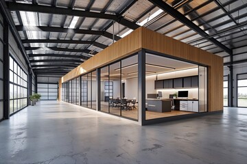 Contemporary Warehouse with Office Area Exterior Perspective