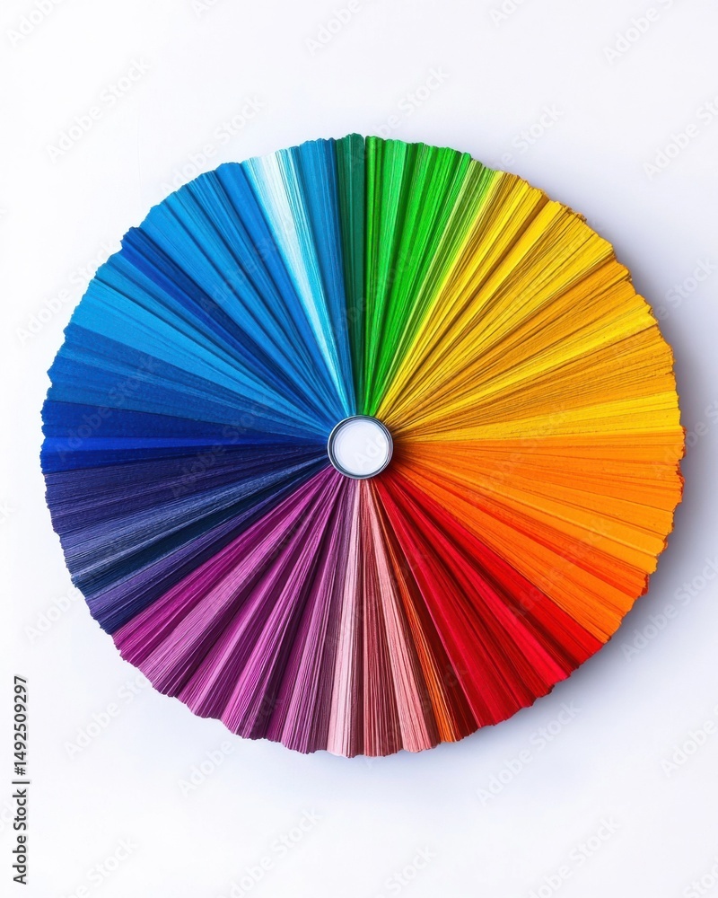 Poster circular color swatch wheel displaying rainbow spectrum of paint samples on white background flat la