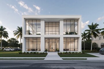 Fototapeta premium Stylish Two-Story Florida Office Building with Modern Minimalist Architecture and Expansive White Windows