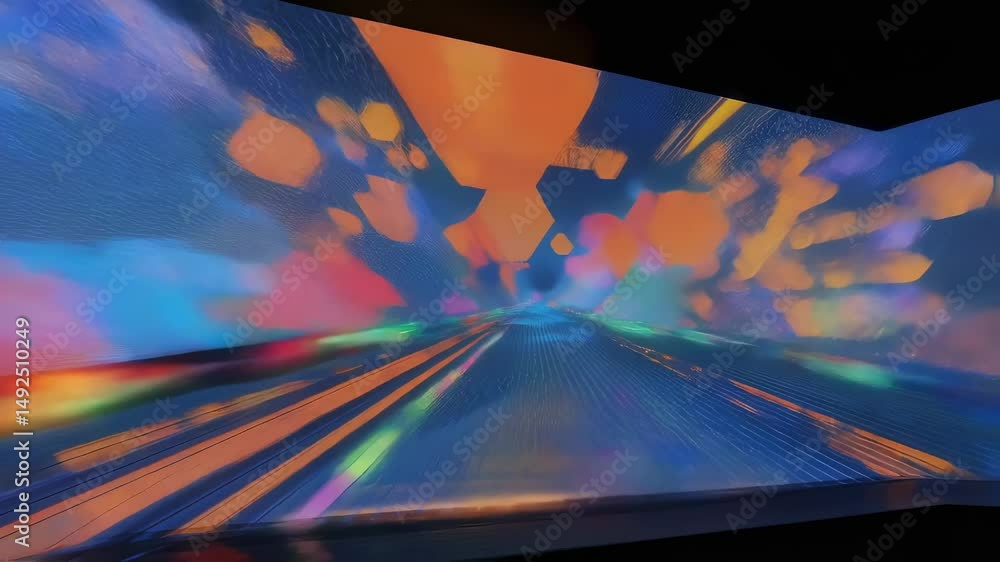 Poster abstract animation of a fast journey through a digital tunnel shows colorful hexagons floating and l