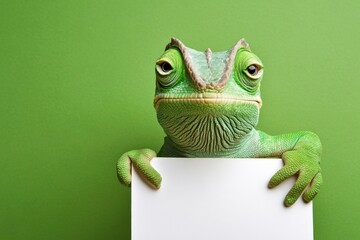 Animal looking cute. Studio pet for campaign. Isolated baby animal on a solid uniform green background. Cute baby animal chameleon hold in front paws a layout - large white zoo sign.
