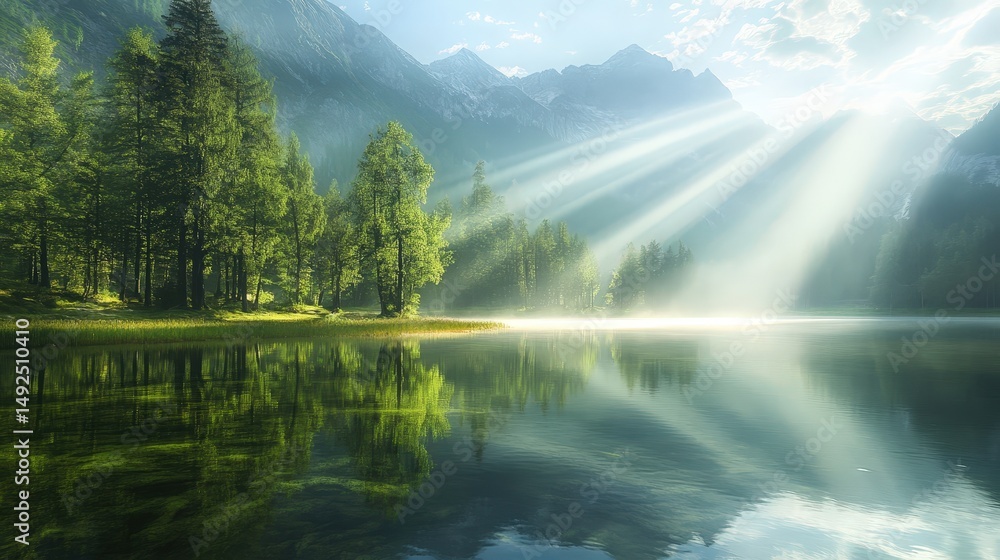 Poster playful rays of sunlight dancing on the surface of a crystal-clear lake, creating mesmerizing reflec