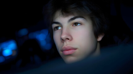 focused on screen with intense facial expression in dark room