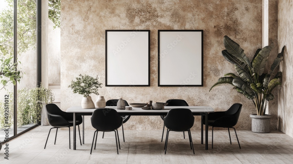 Poster rustic dining area with modern empty frames.