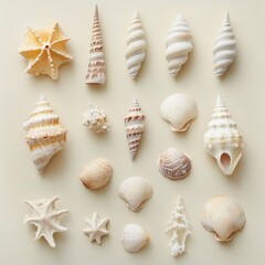 Assorted Seashells Arranged on Beige Background Top-Down Still Life Seashell Collection Beach Finds Coastal Decor Summer Vacation Souvenir